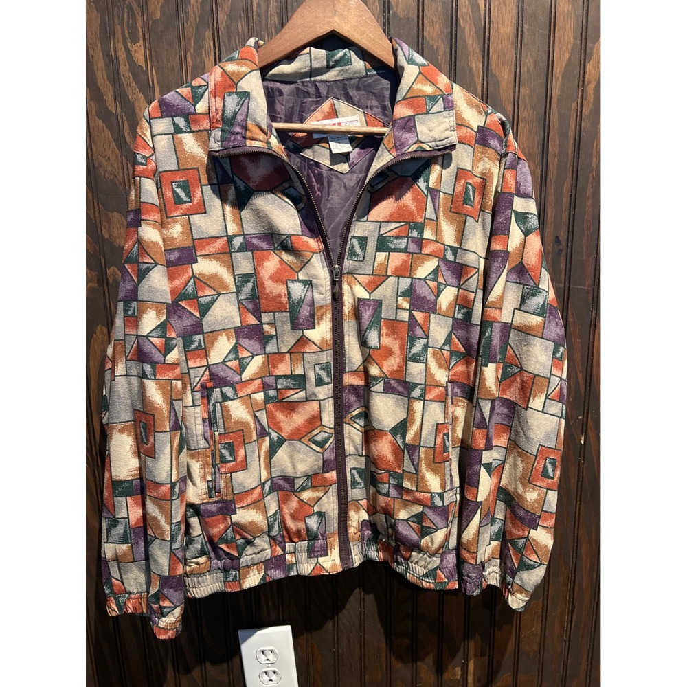 Vintage Stunt Sports Silk Bomber Jacket Geometric Abstract Print Multicolor S